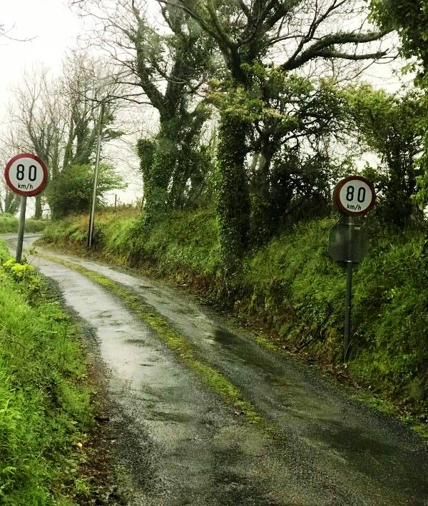 80 kilometers equals 50 miles per hour on this small road with grass growing up the middle!