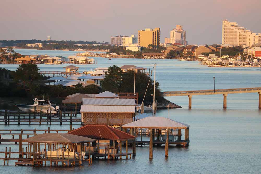 Piers on Ono Island and Condominiums along Orange Beach